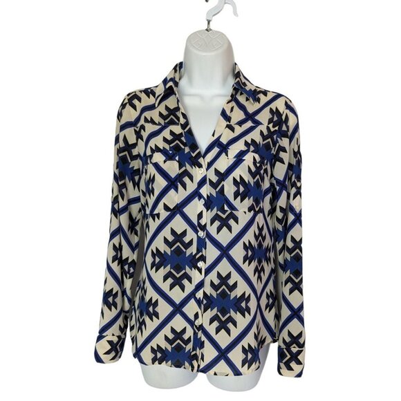 Express Factory Cream, Black & Blue Blouse Button up Tab Sleeve Size XS - Picture 1 of 8